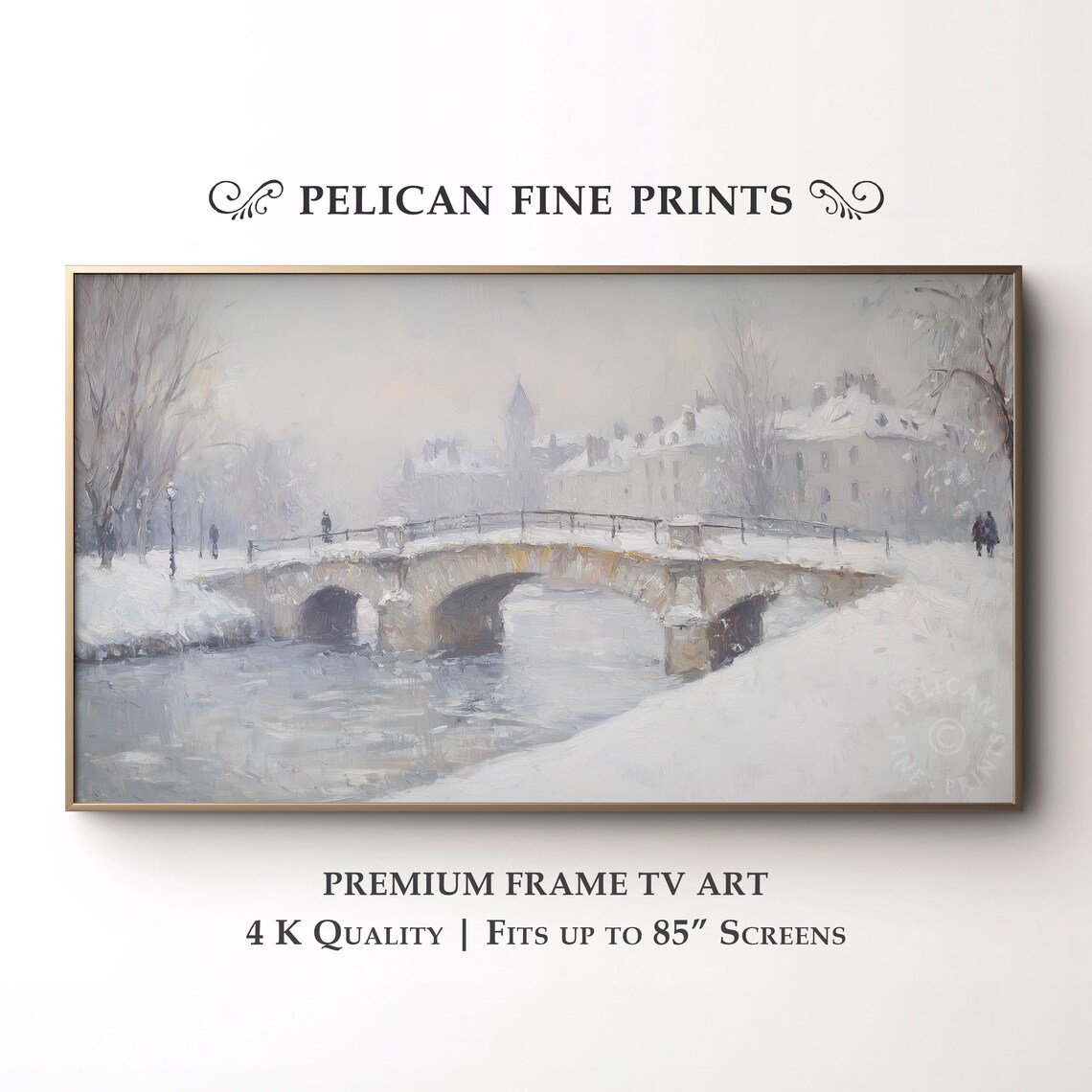 Winter Canal Scene, Rustic Moody Impressionist Painting