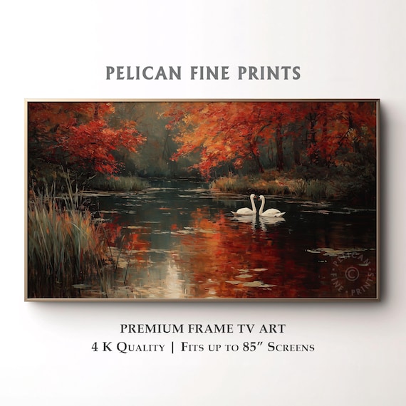 Autumn Pond Frame Tv Art White Swans And Red Maples Painting Serene Fall Landscape Rustic Nature Decor Tv011
