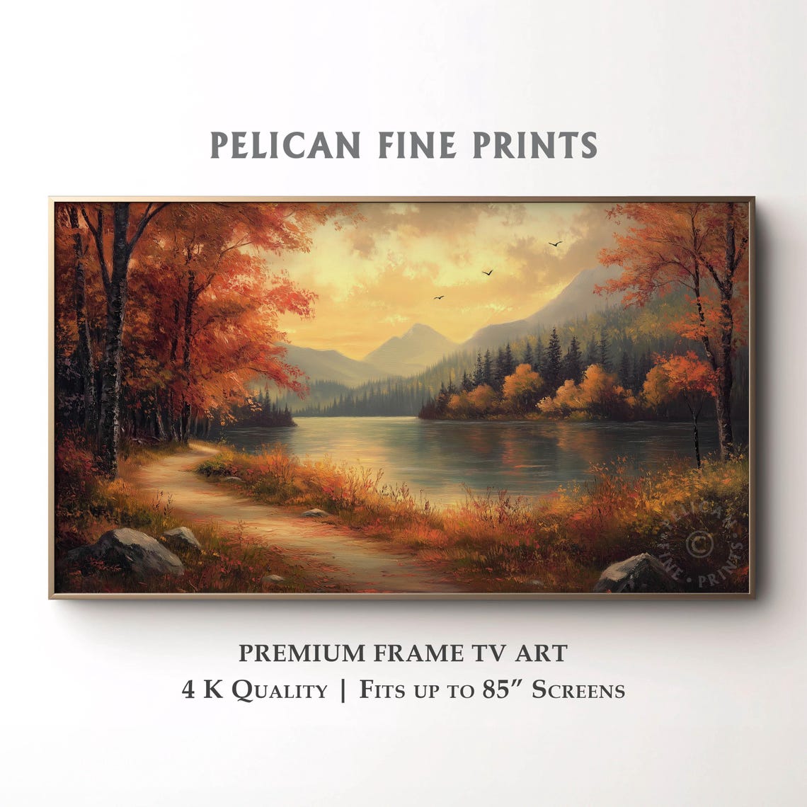 Autumn Mountain Lake Golden Trees Winding Path Rustic Fall Wall Art