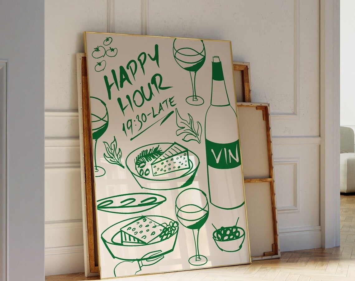Happy Hour 19:30 to Late Green Ink Wine Sketch Kitchen Poster