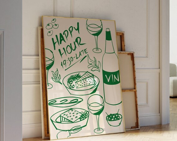 Happy Hour 19:30 to Late Green Ink Wine Sketch Kitchen Poster