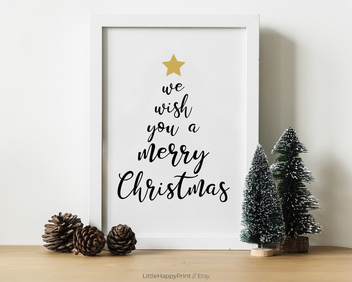 We Wish You a Merry Christmas Tree Shape Script Star Holiday Wall Art