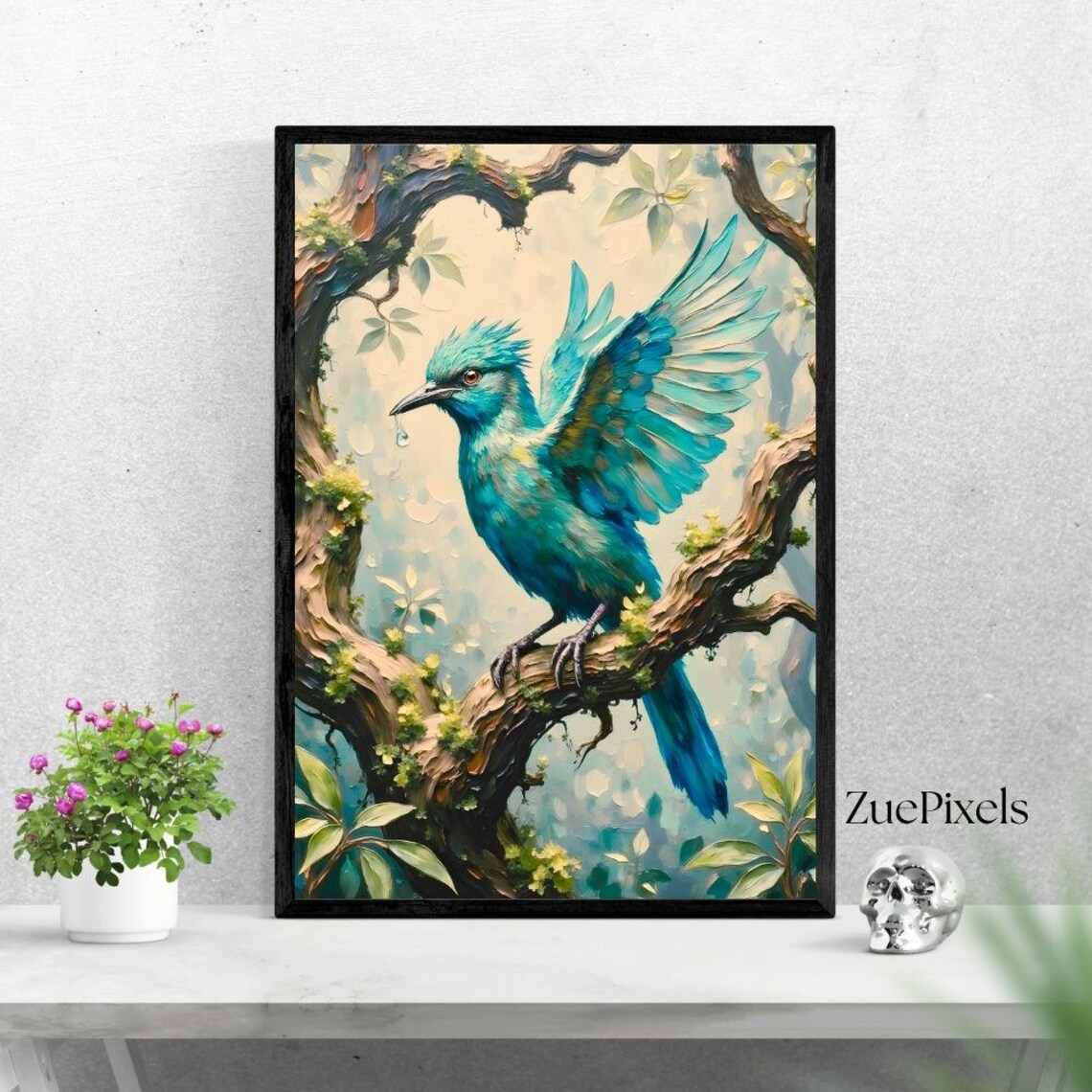 Turquoise Bird with Spread Wings Branch Floral Wall Art Decor