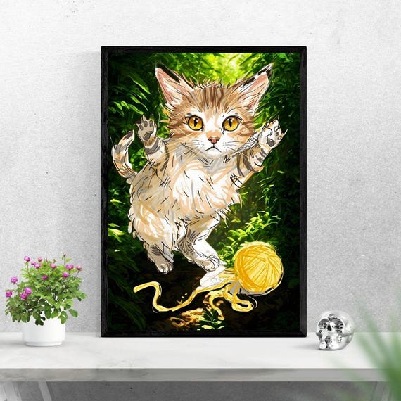 Cat With Yarn Illustration, Playful Kitten Art Print
