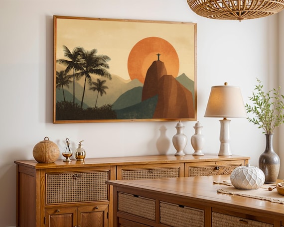 Christ the Redeemer Rio Brazil Sunset Boho Landscape Art Poster