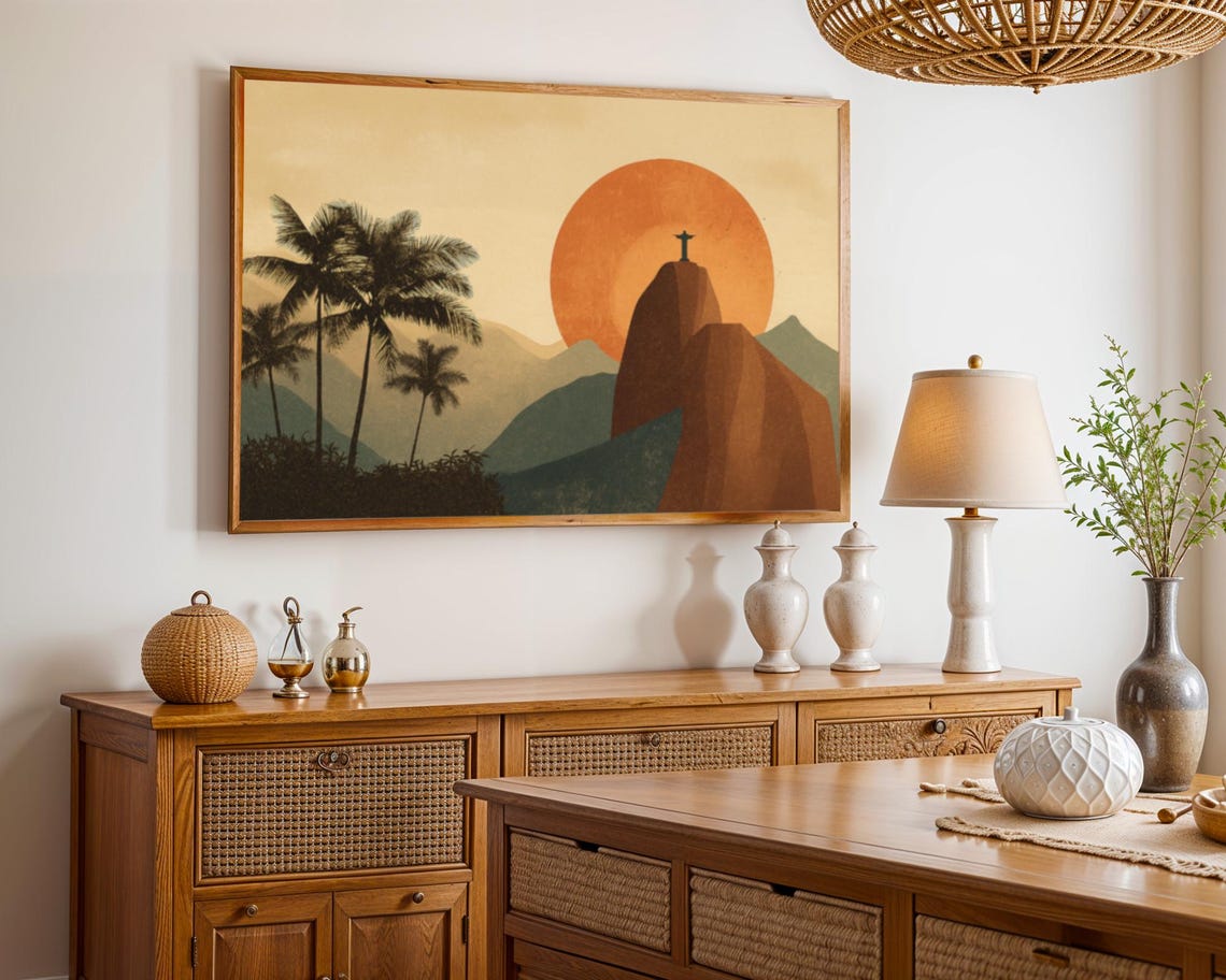 Christ the Redeemer Rio Brazil Sunset Boho Landscape Art Poster