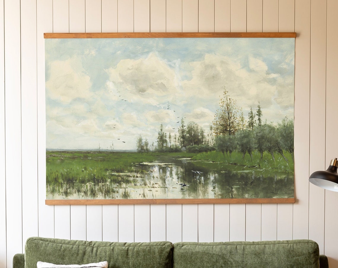 Large Vintage Lake Study Wall Art Coastland Scene Water Study Vintage Art Tapestry Framed Hanging 200