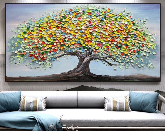 Original Tree Painting On Large Abstract Gold Gray Big Tower Tree Landscape Acrylic Oil Painting Modern Living Room Wall Art Decor