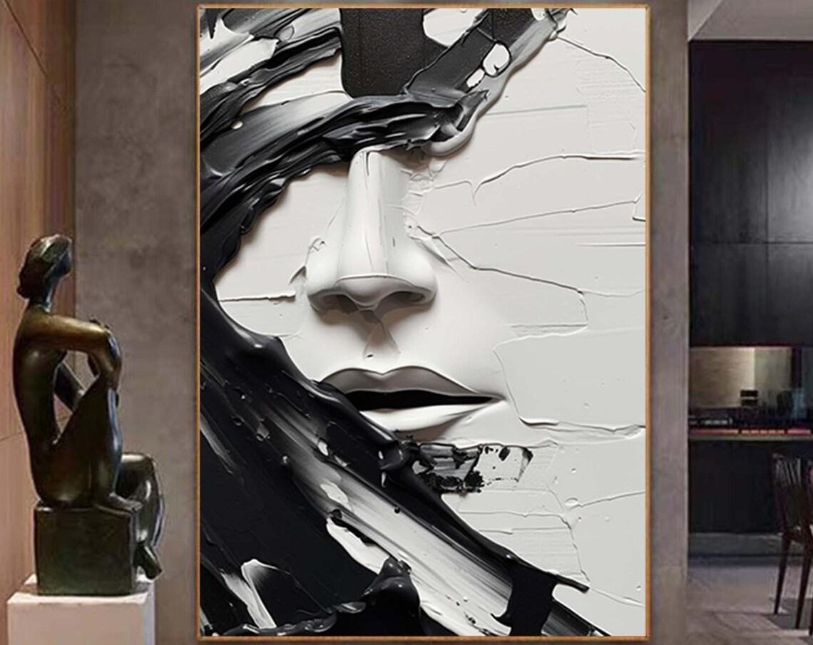 Abstract Black and White Face Oil Painting, Wall Art Print