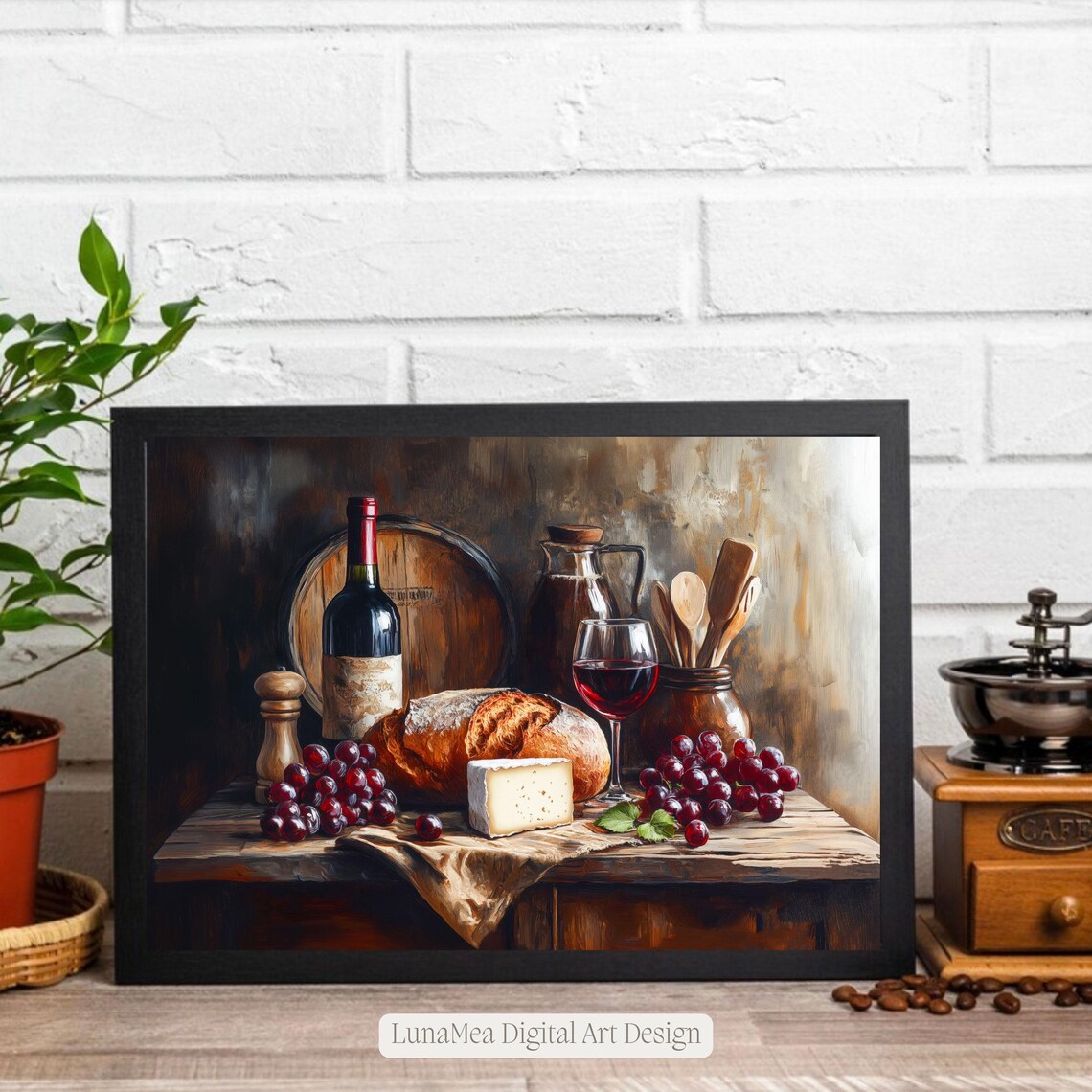 Rustic Still Life With Wine Cheese Bread And Grapes Vintage Kitchen Poster - Image 2