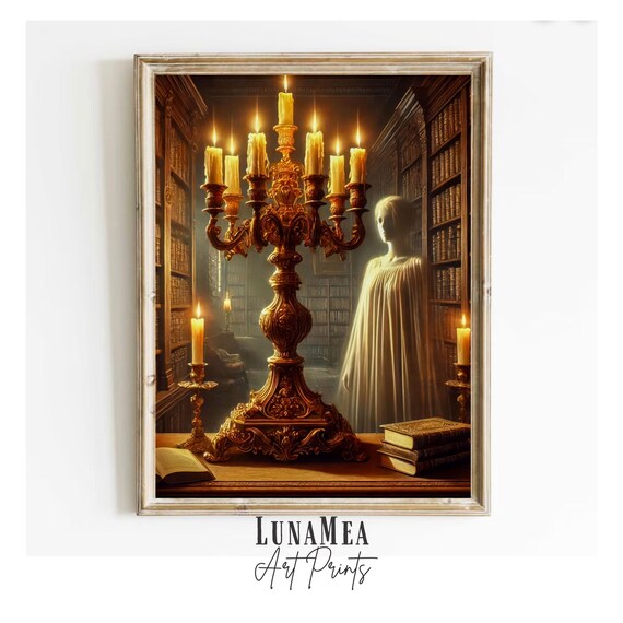 Ghost in a Library Spooky Halloween Painting Candelabra Books Wall Art
