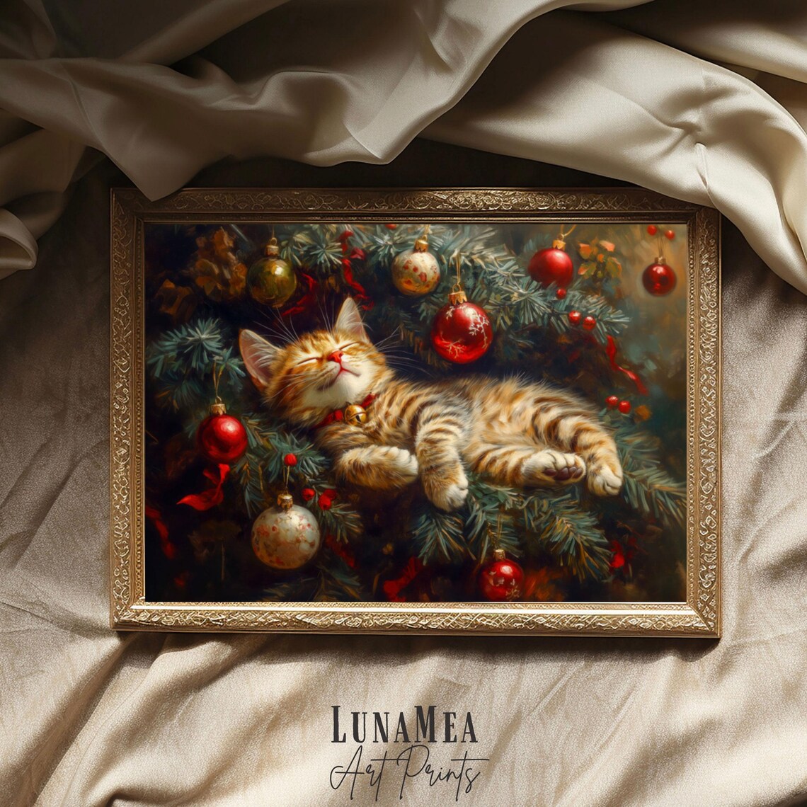 Christmas Cat Sleeping in Tree Vintage Oil Painting Cat Lover Holiday Wall Art - Image 3