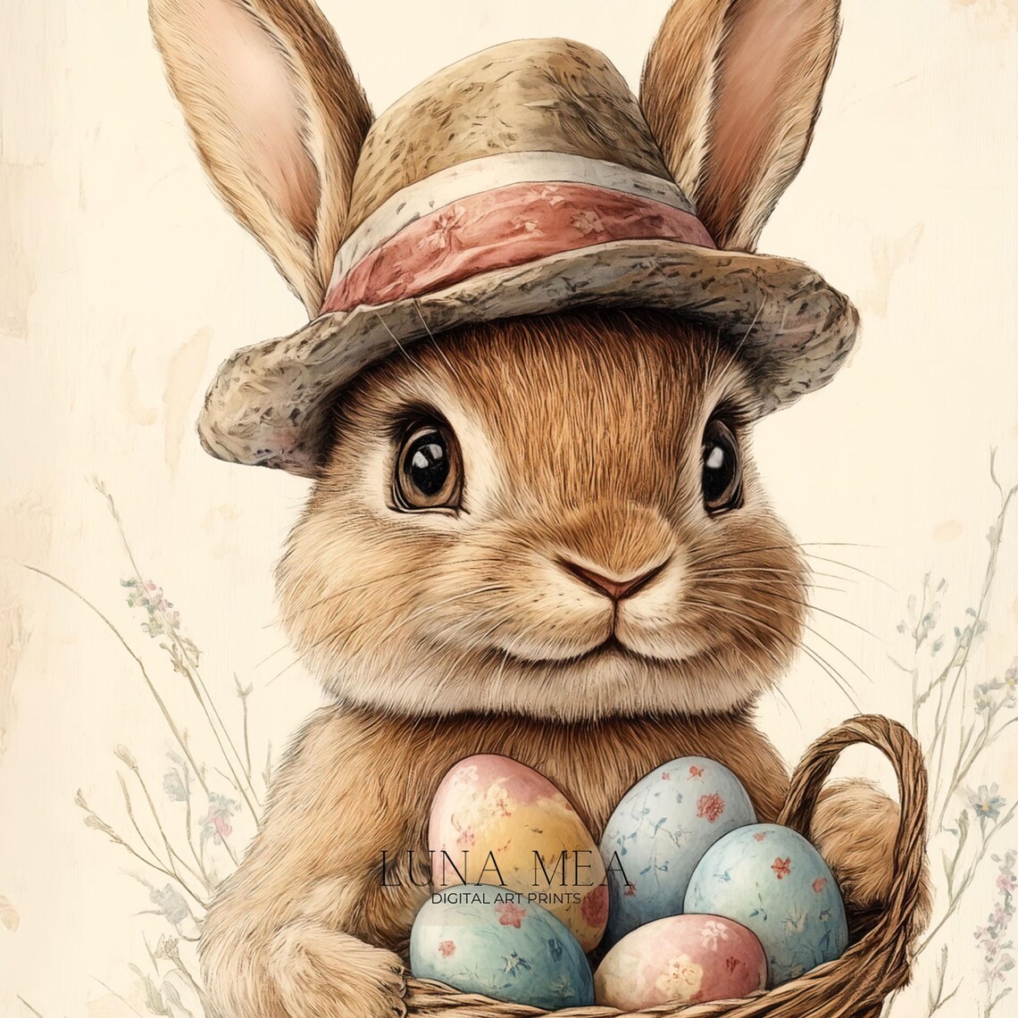 Cute Vintage Bunny In Hat Holding Easter Egg Basket Spring Rabbit Art Poster - Image 3