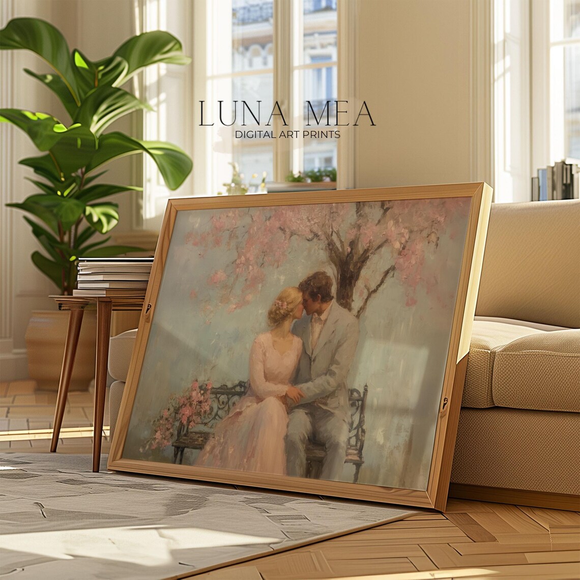 Romantic Couple On Garden Bench Under Cherry Blossoms Vintage Love Art Poster - Image 2