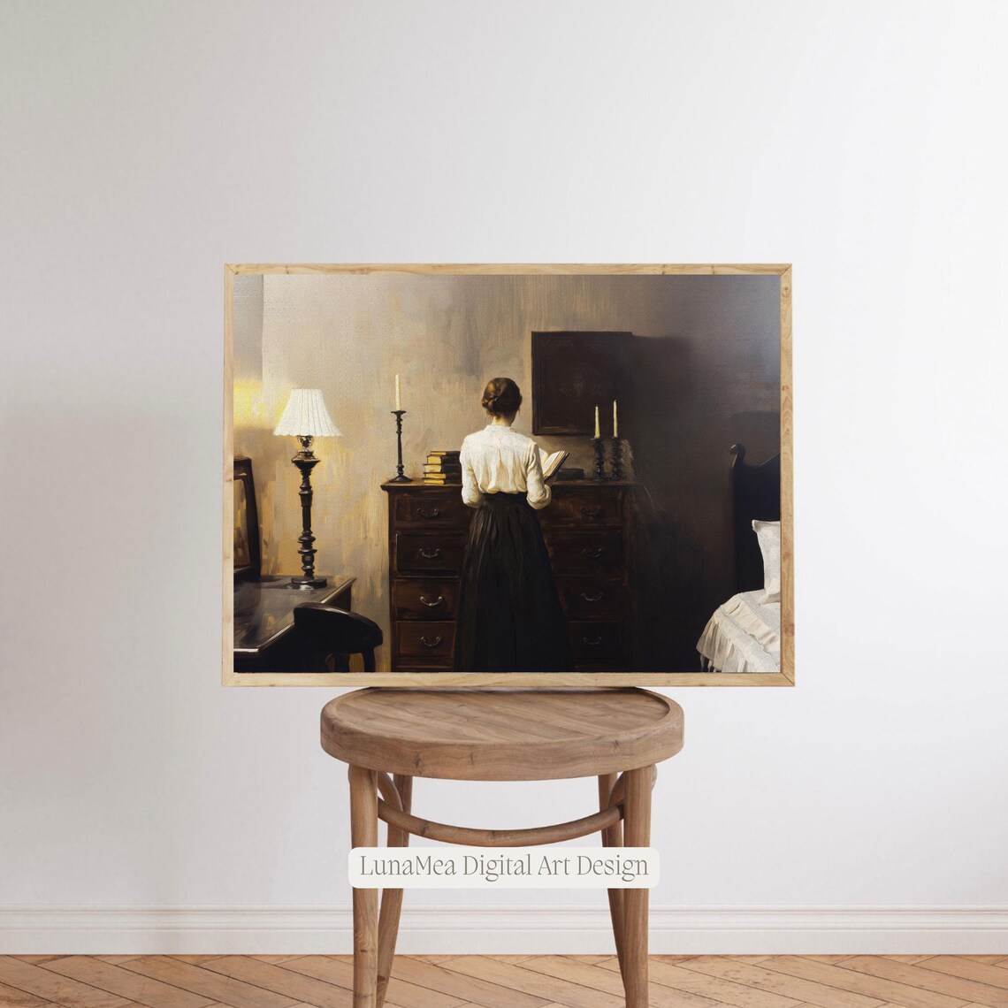 Victorian Woman Reading in Vintage Bedroom Candlelit Moody Interior Wall Art - Image 2