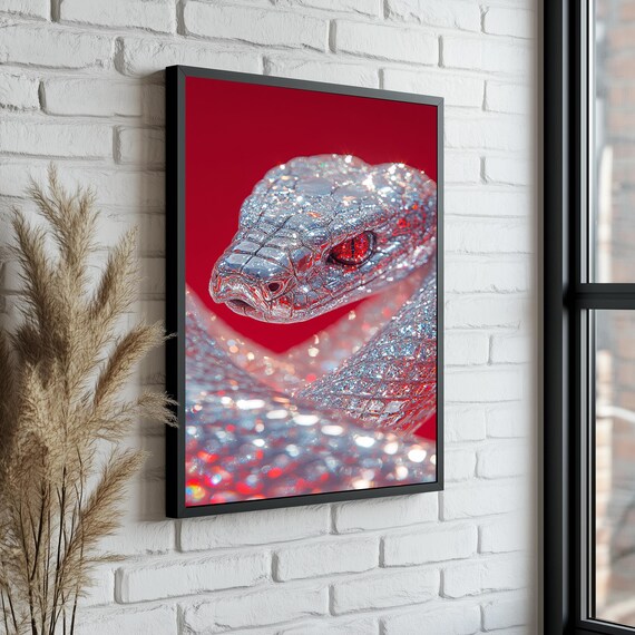 Diamond Crystal Snake With Glowing Red Eyes on a Red Background Poster