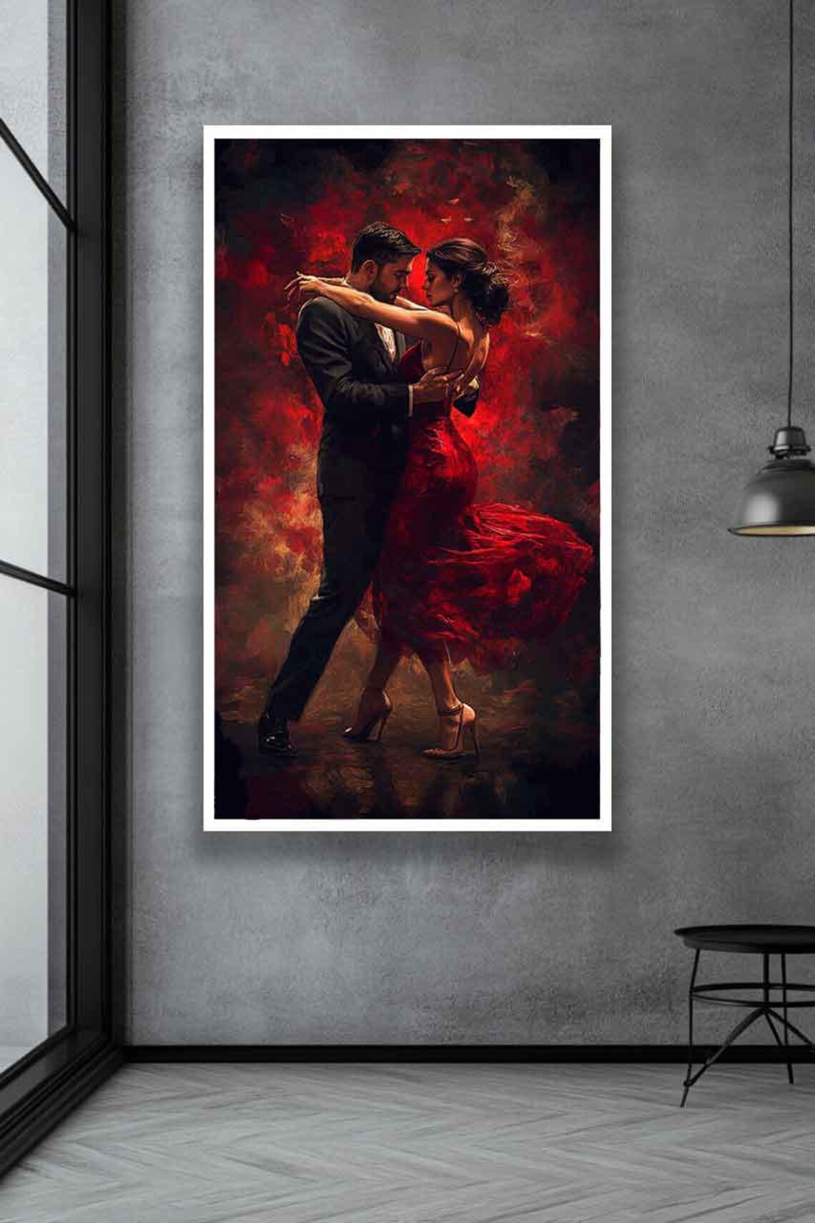 Passionate Tango Dancers Embracing in Dark Crimson Red Glow Poster - Image 3