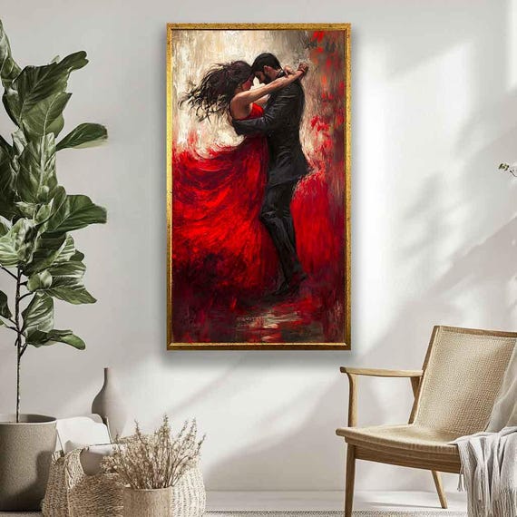 Sensual Tango Dance Print Romantic Couple Painting Red Dress Wall Decor Dance Studio Ballroom Dance Framed Print Unique Gift