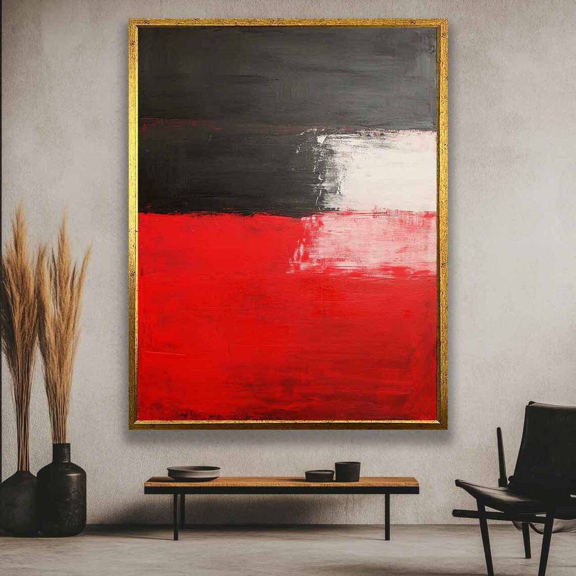 Black and Bright Red Split-Block Composition Abstract Art Poster - Image 5