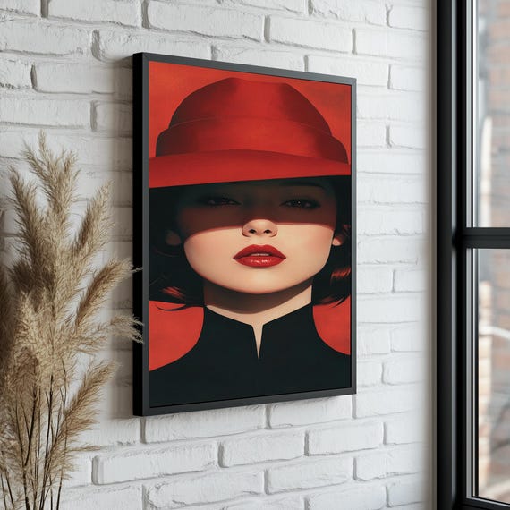Woman Painting Woman With Red Hat Portrait Modern Fashion Wall Art Mysterious Lady Print