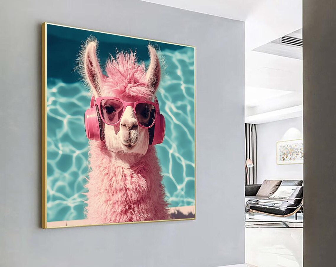 Fluffy Pink Llama in Pink Headphones and Sunglasses by the Pool Poster