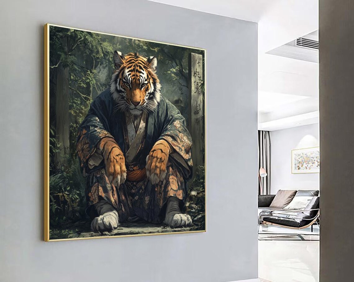 Regal Tiger in a Kimono Sitting Peacefully in a Forest Art Poster