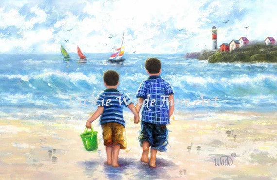 Two Beach Boys Art Print Two Little Brunette Brothers Beach Wall Art Boys Room Blue Beach Two Boys Nautical Wall Decor Vickie Wade Art