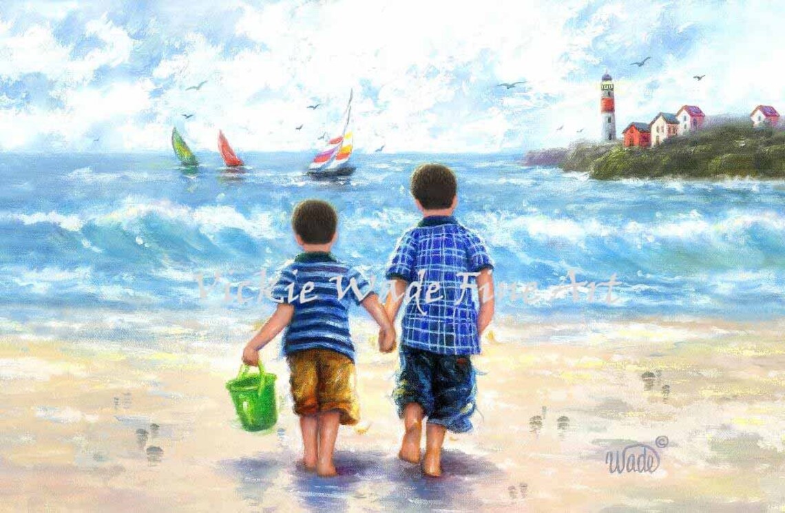Two Brothers Walking Hand In Hand Along The Sandy Beach Poster
