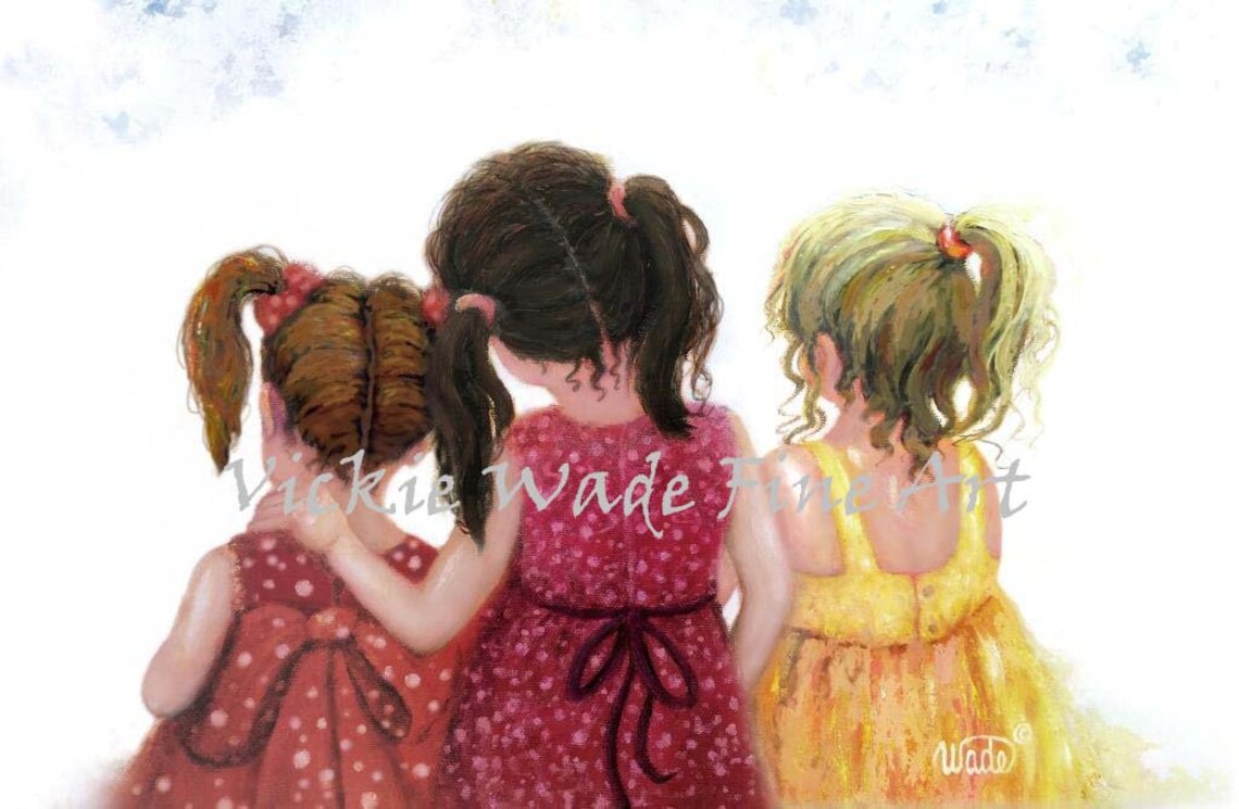 Three Sisters With Ponytails Hugging Behind View Colorful Poster