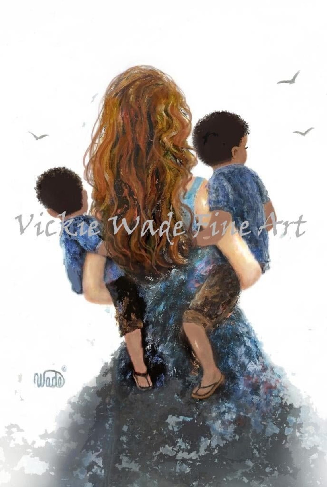 Redhead Mother Carrying Two Sons In Blue Shirts From Behind Poster