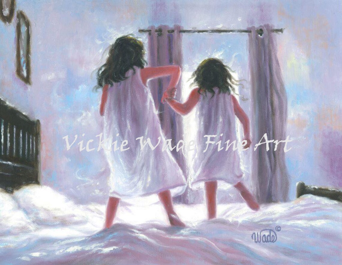 Two Little Sisters Jumping On The Bed In White Nightgowns Poster