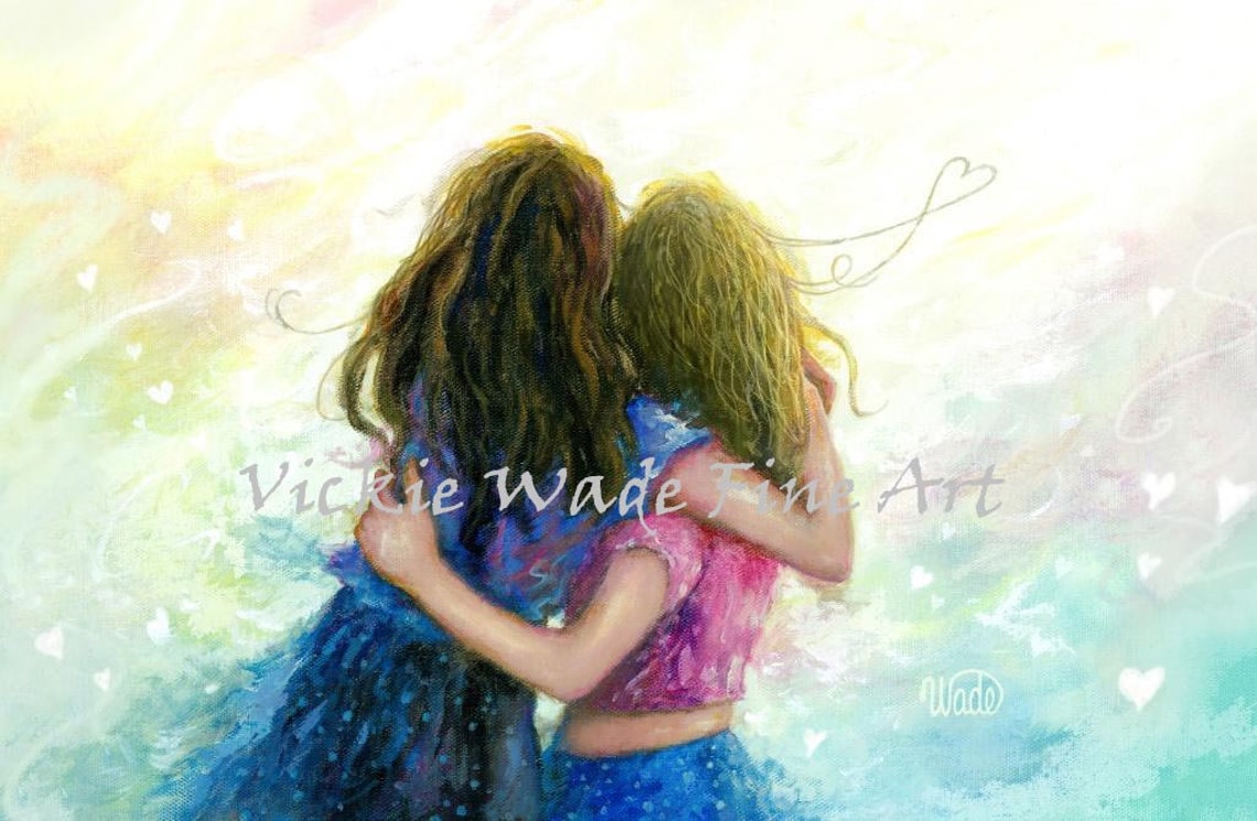 Two Happy Girls Hugging With Floating Hearts Above Them Poster