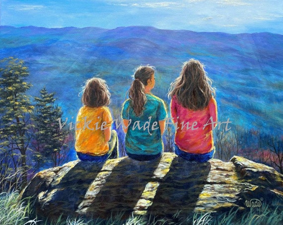 Three Teen Sisters Mountain View Art Print Three Teen Girls Three Teen Daughters Sitting Looking At Blue Ridge Mountains Vickie Wade