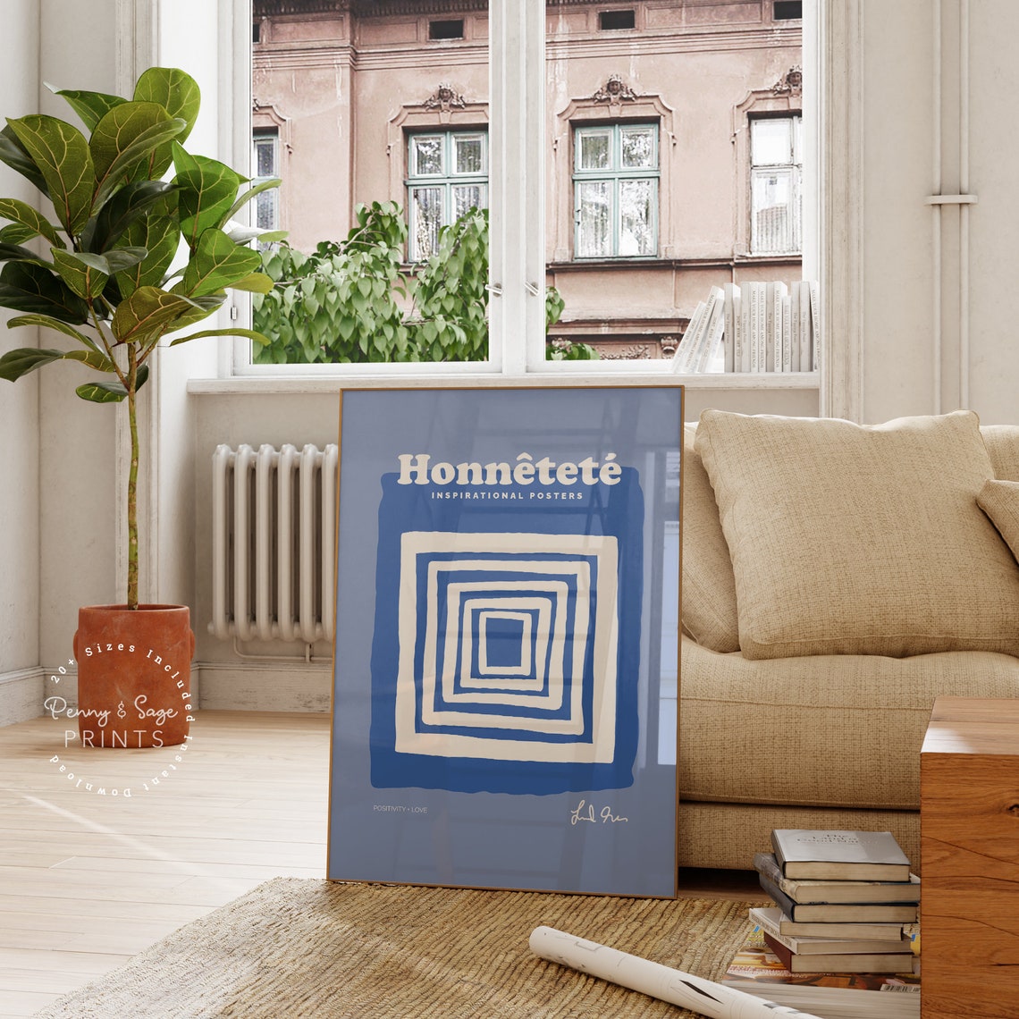 Honnetete Inspirational Blue Concentric Square Geometric Poster