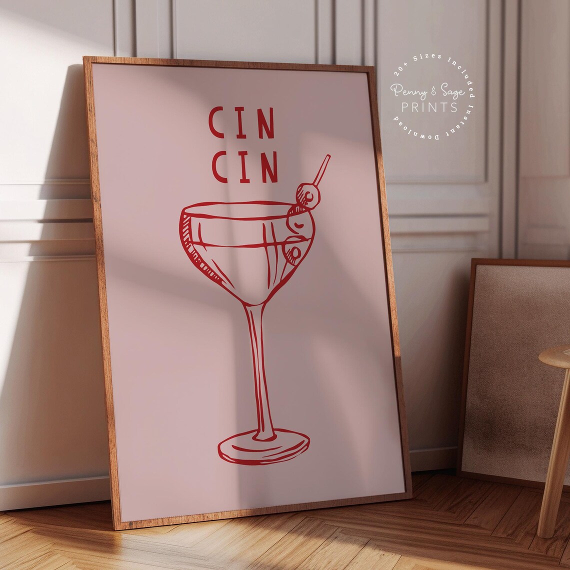 Cin Cin Cocktail Club Martini Glass Hand Drawn Bar Cart Wall Art - Image 2