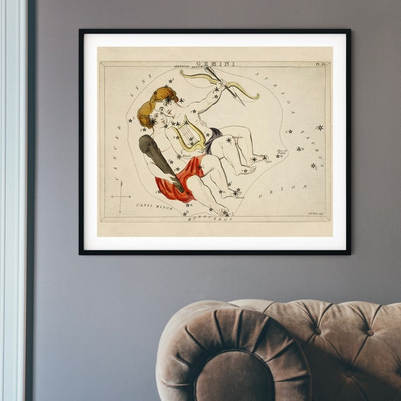 Vintage Zodiac Gemini Gemini Illustration Print Sidney Hall 19th Century Art Drawing Wall Art