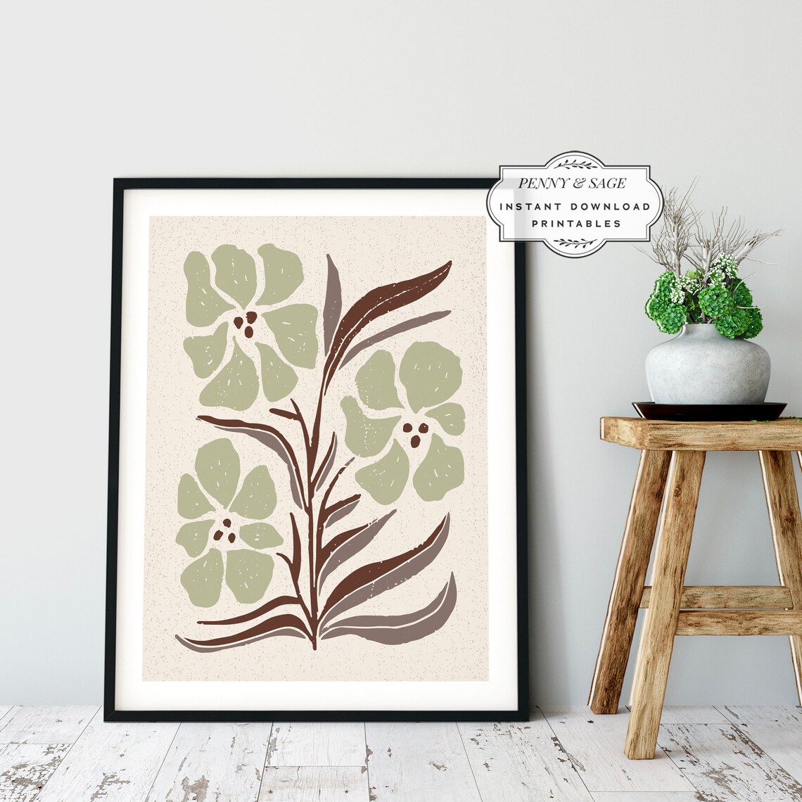 Sage Green Botanical Flower Line Art Neutral Minimalist Poster Decor