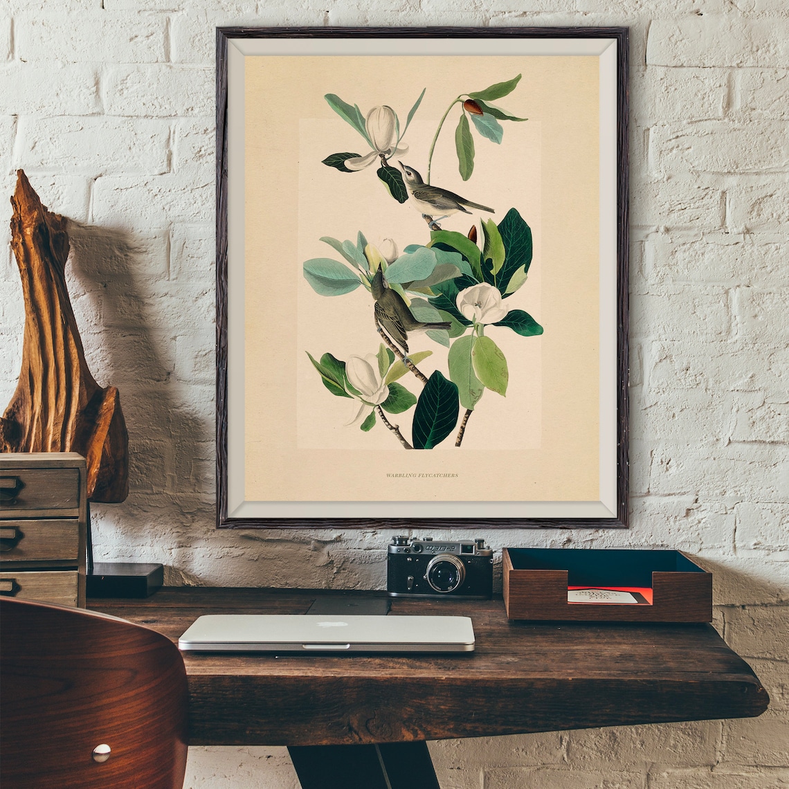 Warbling Flycatchers Vintage Bird Illustration Audubon Style Poster