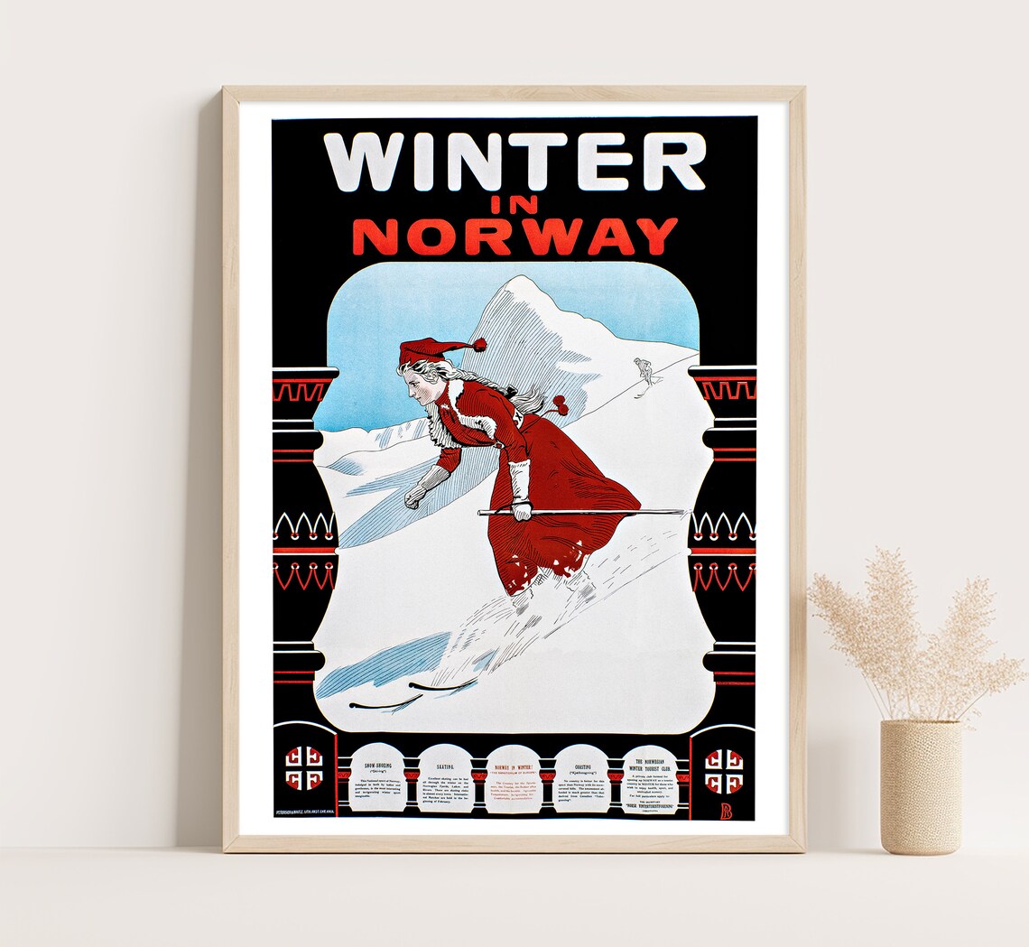 Winter in Norway Vintage Travel Poster Skier Snow Mountains Art Print