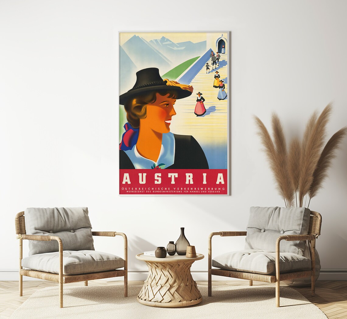 Austria Tyrolean Hat Woman Alpine Church Steps Vintage Tourism Poster - Image 3