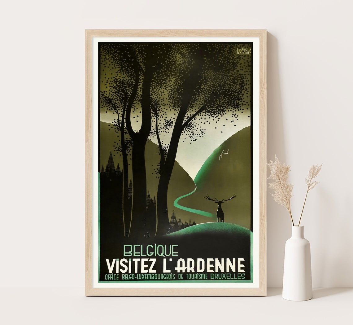 Belgian Ardenne Forest Stag Moonlit Hills Art Deco Vintage Poster