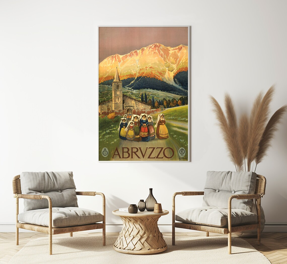 Abruzzo Italy Women Traditional Dress Golden Mountains Travel Poster - Image 3