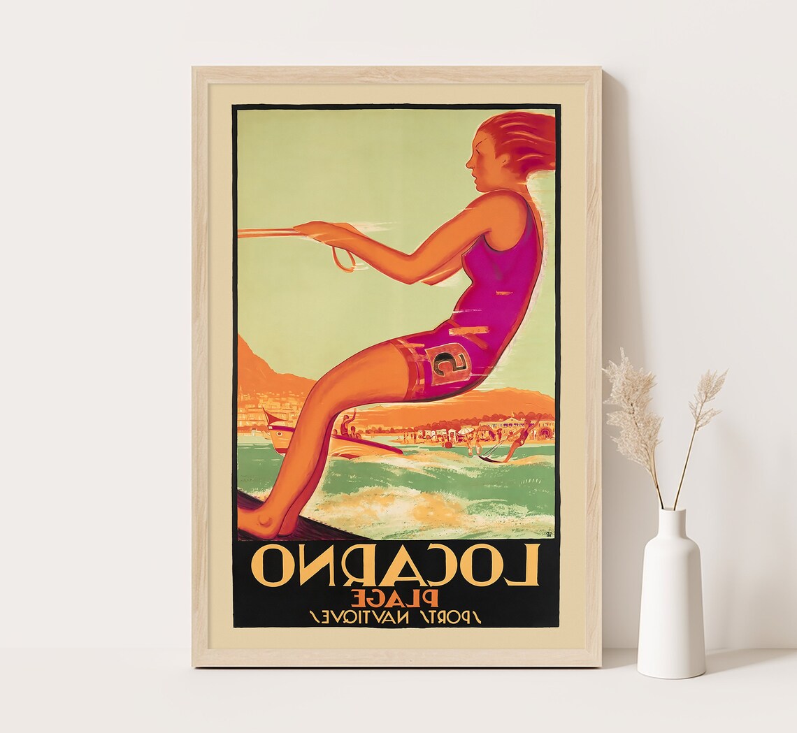 Locarno Switzerland Water Ski Woman Lake Sports Art Deco Travel Poster
