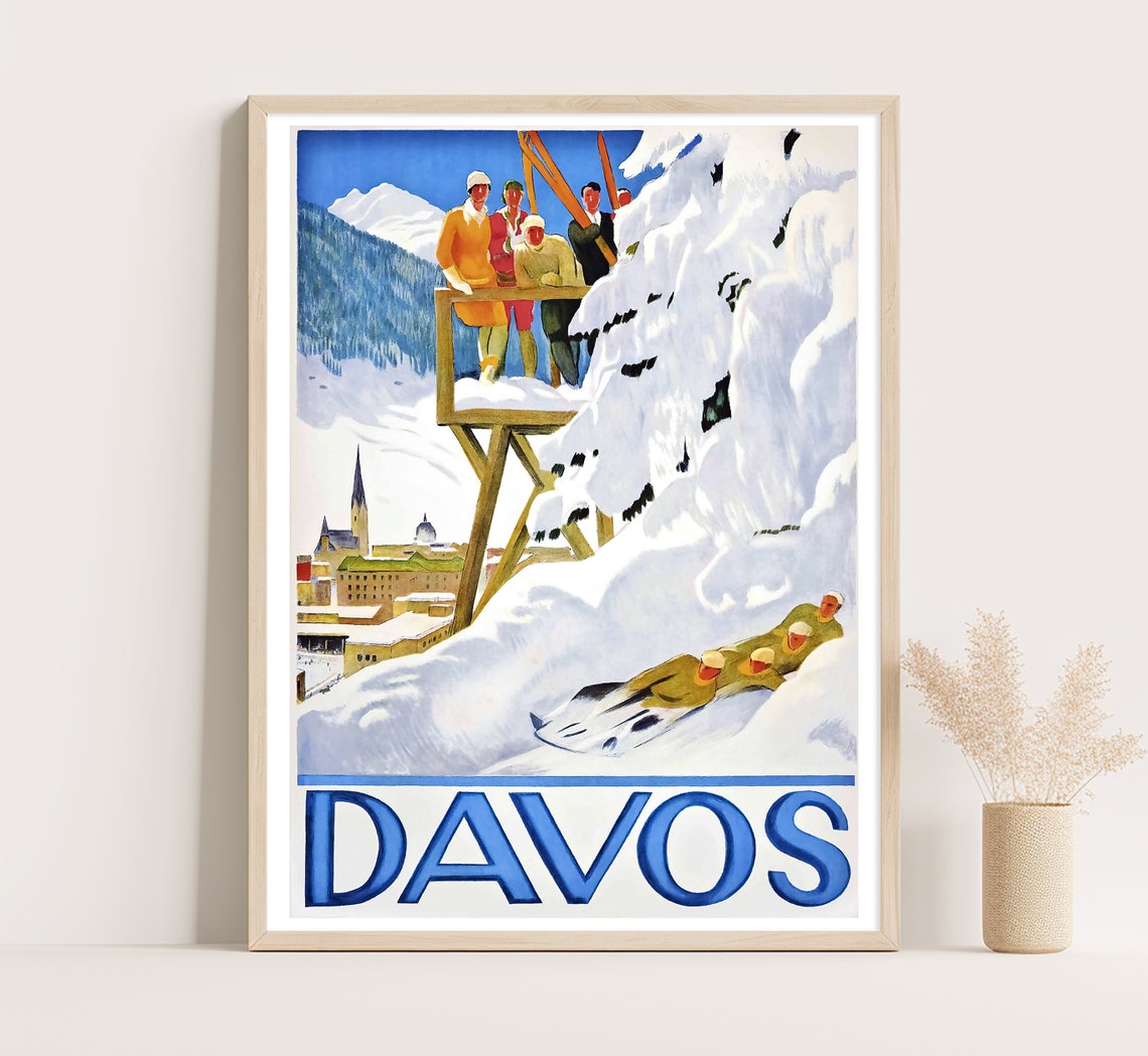 Davos Switzerland Vintage Skiing Skiers Sledders Snowy Resort Poster