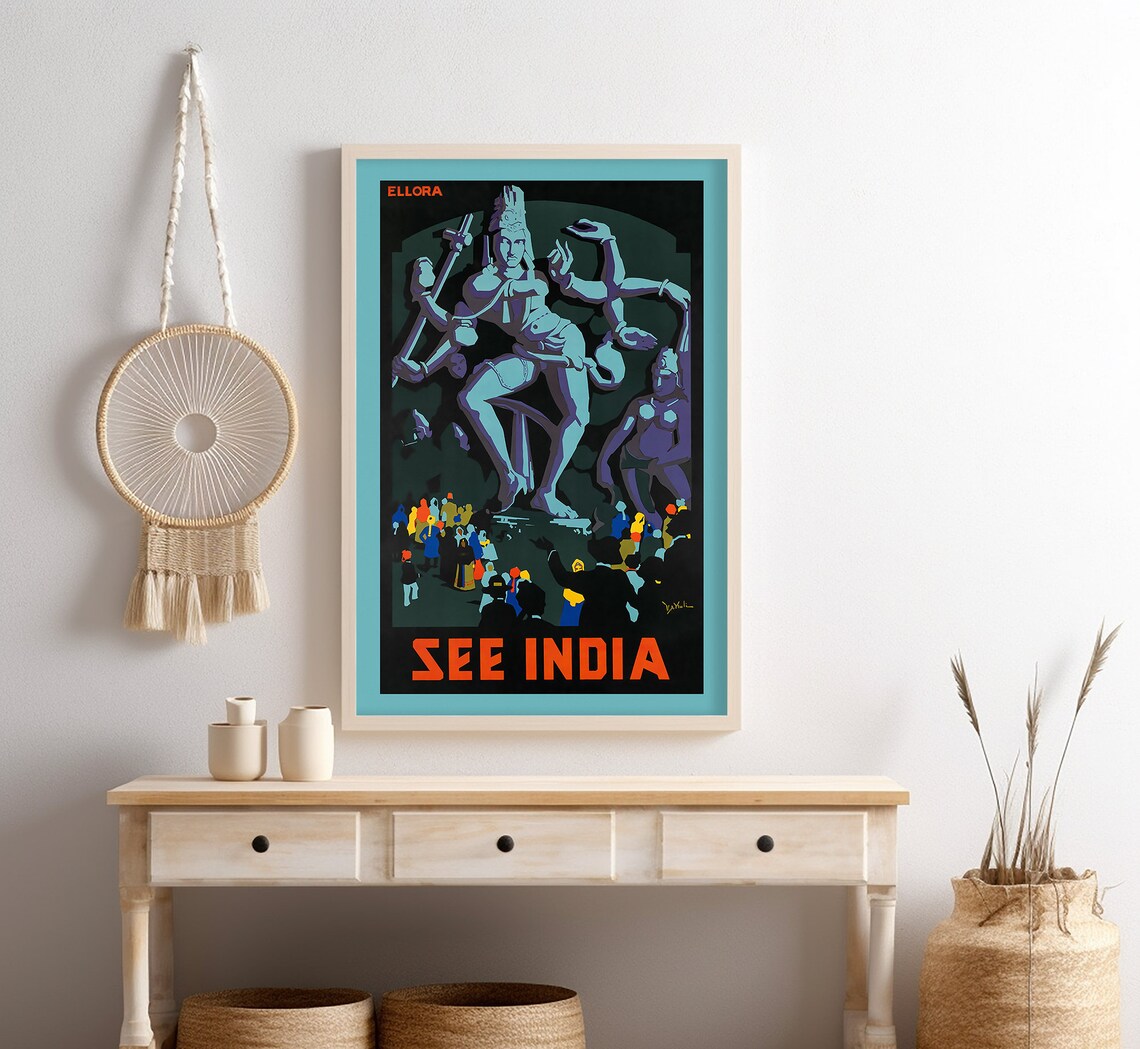 See India Ellora Caves Night Deity Statue Crowd Vintage Travel Poster - Image 4