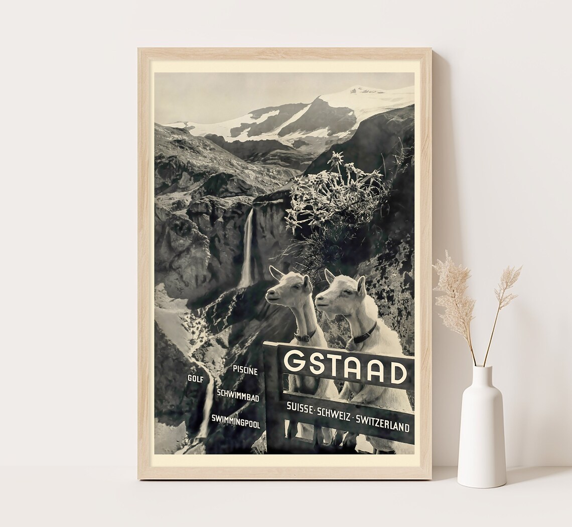 Gstaad Switzerland Goats Alpine Waterfall Vintage Travel Poster