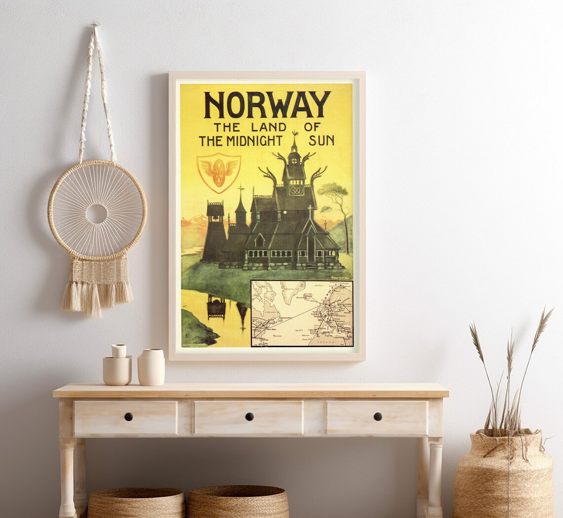 Norway Land Of Midnight Sun Stave Church Golden Vintage Travel Poster - Image 4