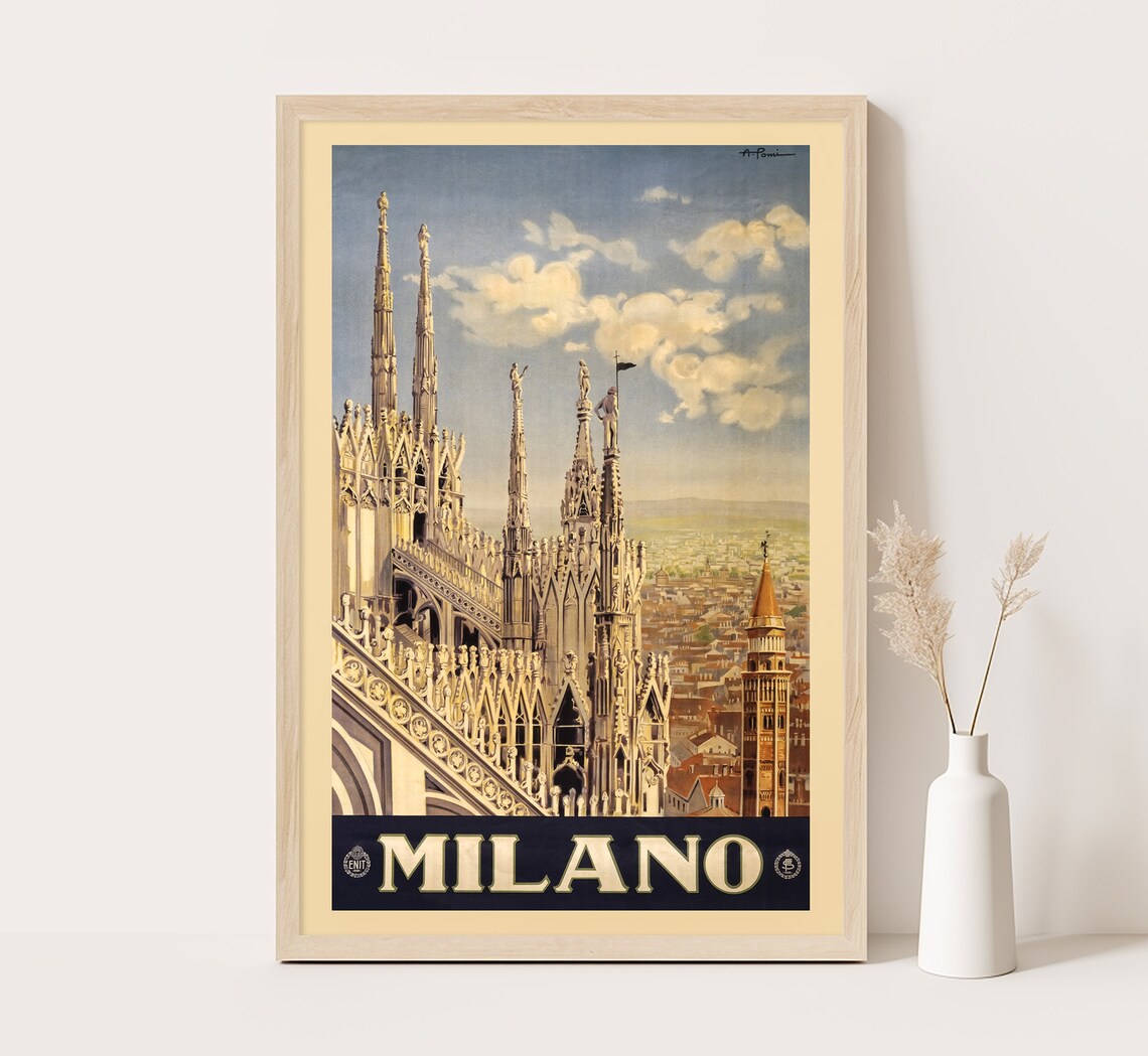 Milano Italy Vintage Travel Poster Duomo Cathedral Rooftop Art Print