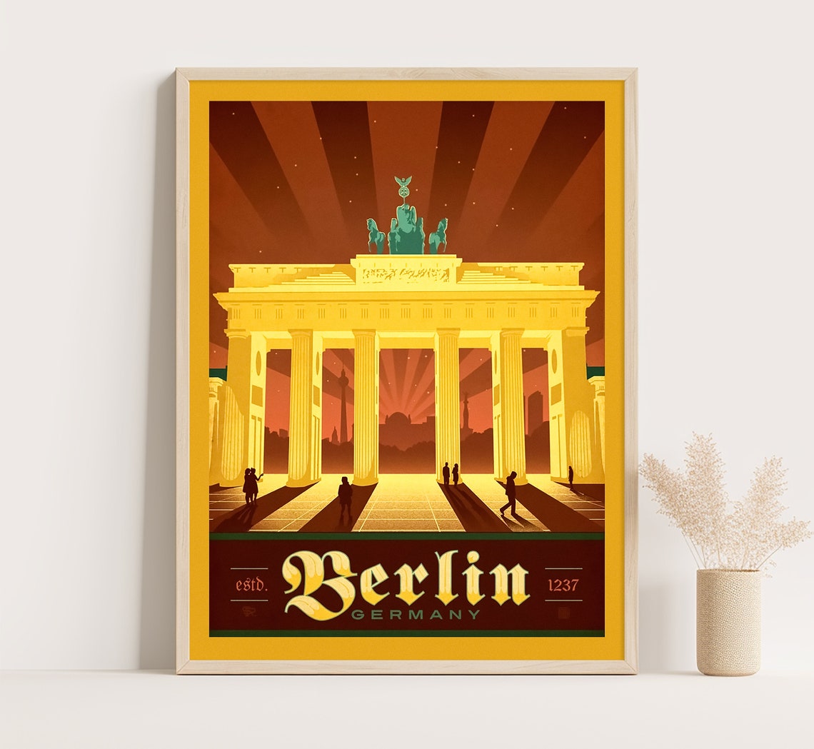 Berlin Germany Brandenburg Gate Sunset Golden Skyline Travel Poster