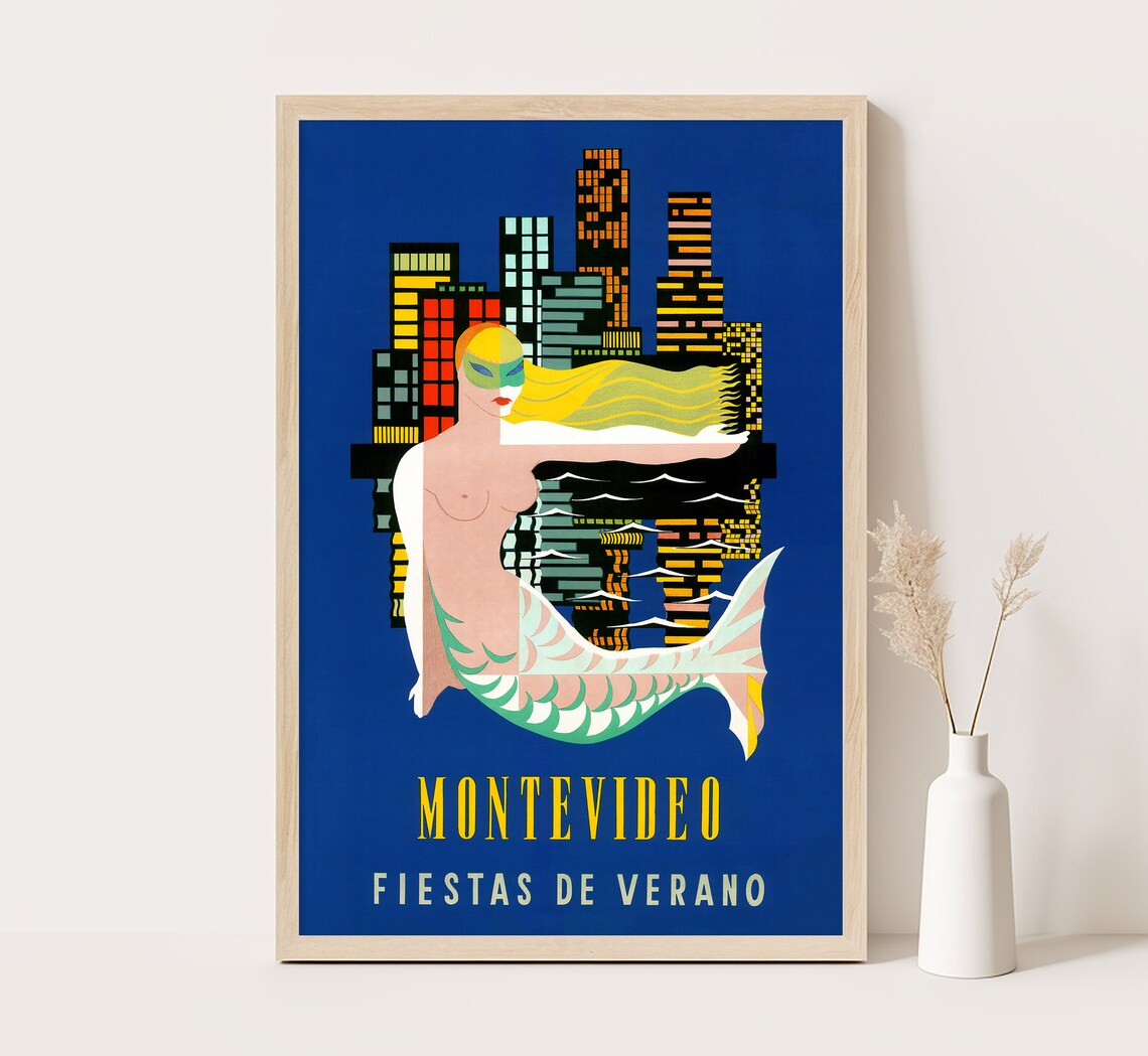 Montevideo Uruguay Summer Festival Mermaid City Skyline Vintage Poster